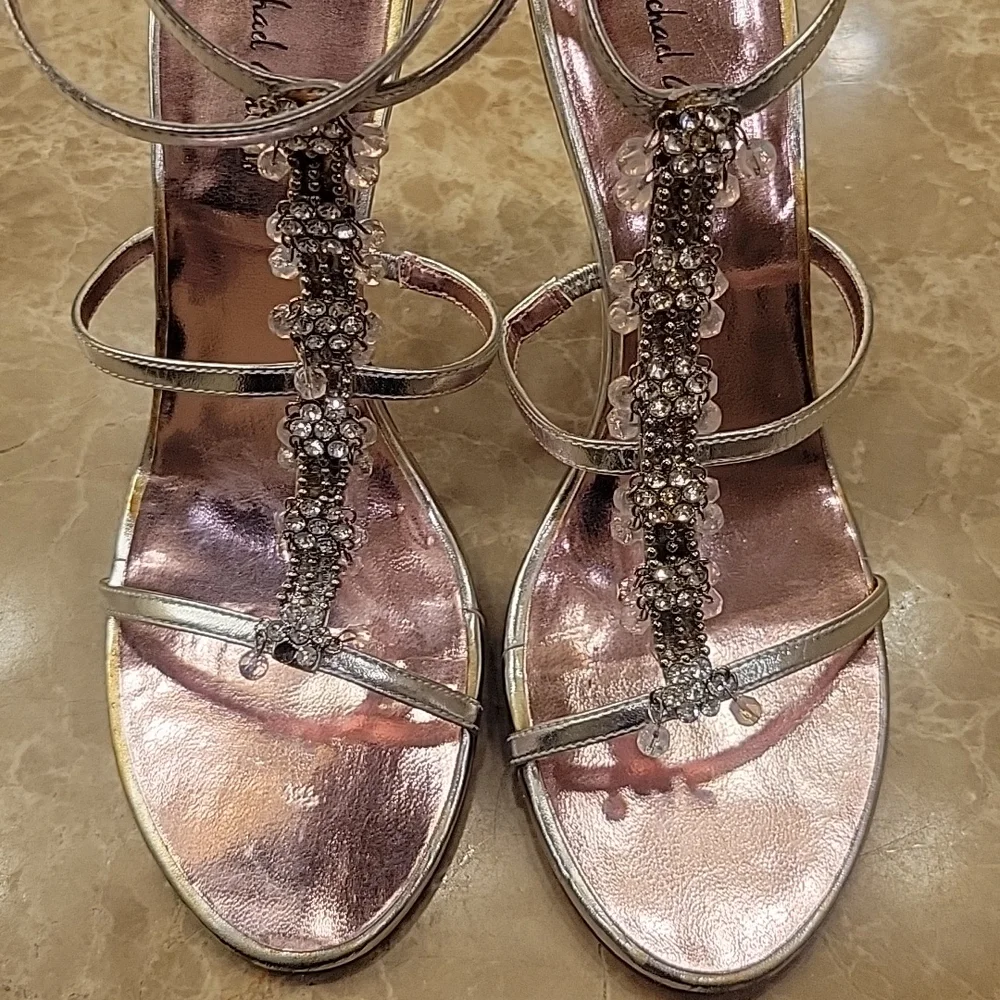 Michael Antonio Bedazzled Ankle Strap Silver Heeled Sandals, Sz 8